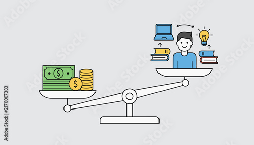 Balance scale comparing the value of money and wealth on one side with education, books, and knowledge on the other side.