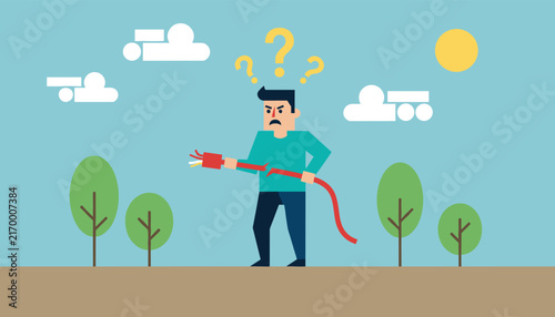 Confused and frustrated man holding a broken red power cable in a park environment with trees and a bright sun.