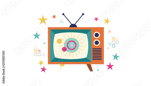 Vintage orange television set displaying an abstract colorful eye-like pattern surrounded by whimsical floating stars and shapes.