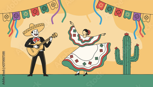 Traditional Mexican dancers performing on a stage with a guitar player, cactus, bunting, and festive decorations for a celebration.