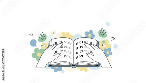 Hands of a person reading a Braille book with flowers and abstract shapes in the background representing accessibility and learning.
