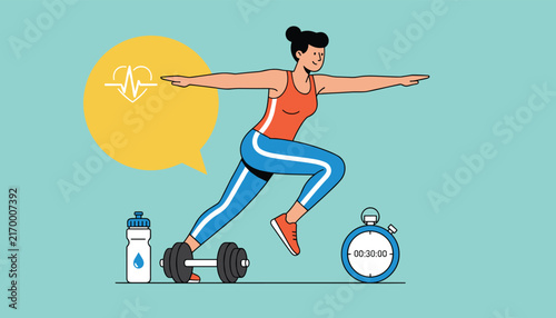 Young woman performing a vigorous workout with dumbbells, water bottle, and a timer to promote a healthy fitness lifestyle.