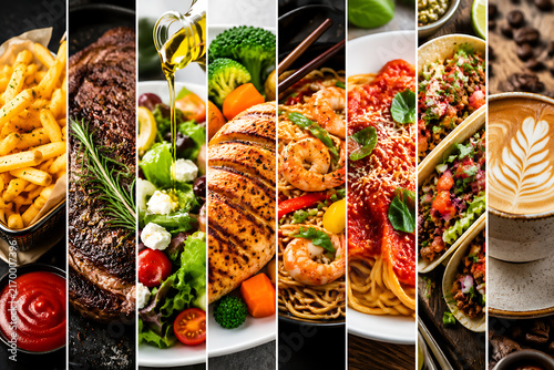 A dynamic food collage showcasing a variety of delicious culinary creations from golden french fries and grilled steak to fresh salad, chicken, pasta, tacos, and coffee.