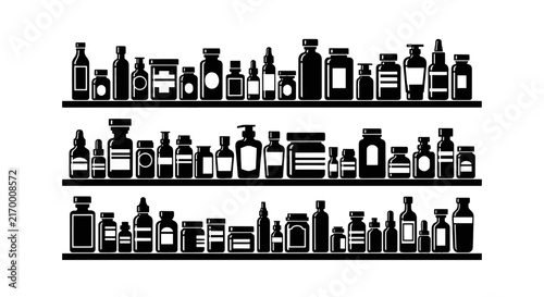 Vector illustration of set of medicine bottles and jars on shelves on a transparent background