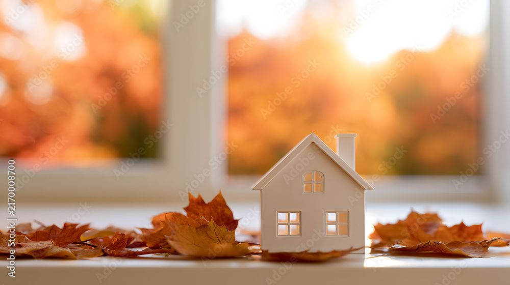 Naklejka premium A small white house model surrounded by vibrant autumn leaves on a sunny windowsill, symbolizing real estate, home ownership, and cozy season