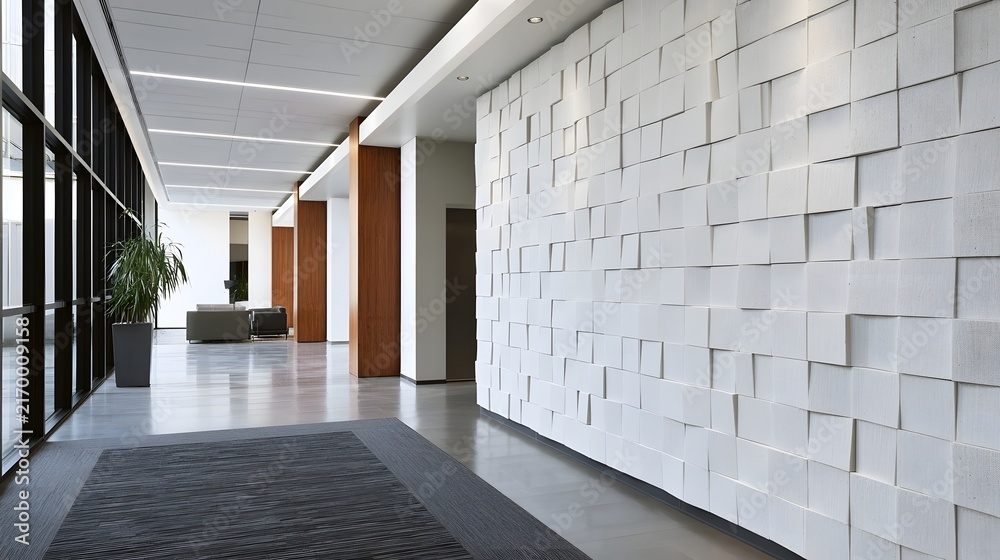 Fototapeta premium A modern hallway features a textured white acoustic wall paneling polished floors and large glass with indoor plants