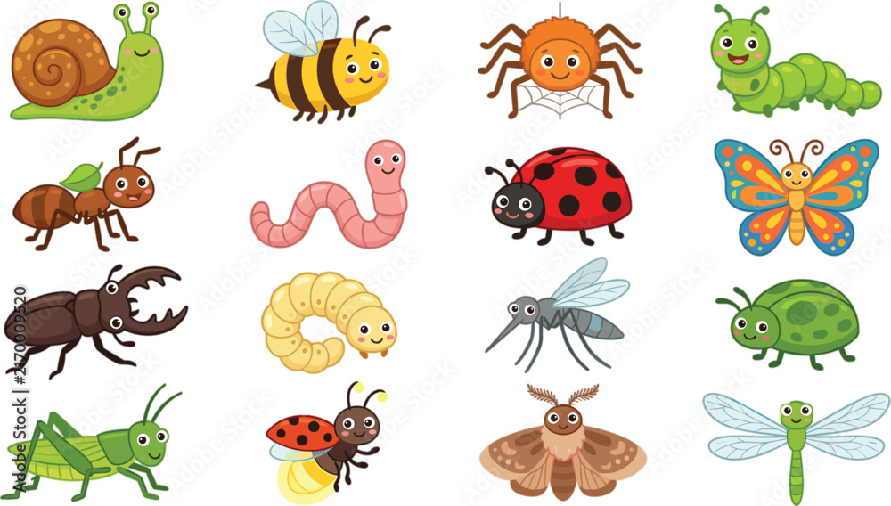 Obraz premium Cute Cartoon Garden Insects and Bugs Vector Character Set with Snail Bee Spider Caterpillar Ant Worm Ladybug Butterfly Beetle and Dragonfly for Kids Designs