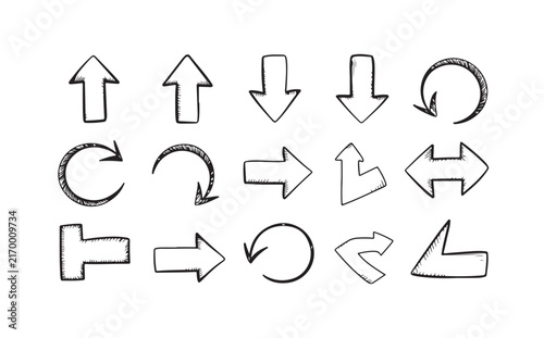 Doodle hand drawn pencil sketch arrows set with shaded textures for creative projects.