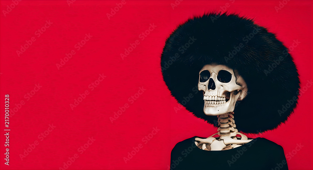 Fototapeta premium A stylish skeleton wearing a black hat on a red background for a happy halloween october 31 festive design