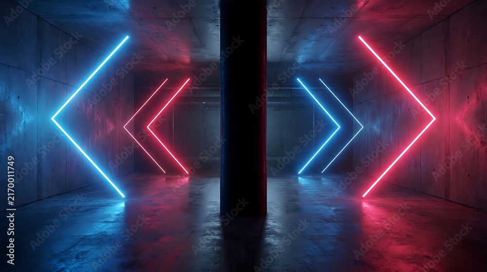 Fototapeta premium Dark concrete tunnel interior with glowing blue and red neon chevron arrows pointing towards a central dark pillar, symmetrical light lines