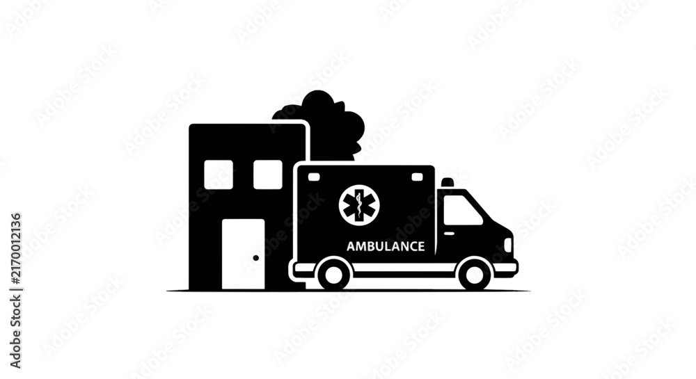 Fototapeta premium Vector illustration of ambulance vehicle and hospital building silhouette icon on a transparent background