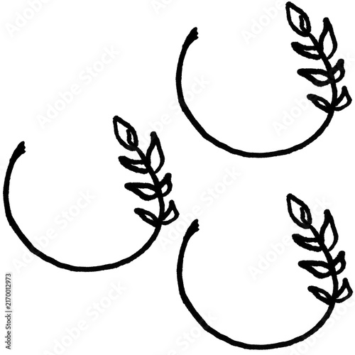 Hand Drawn Leafy Wreath Doodle, Three Minimalist Semi Circle Botanical Wreath Sketch Black and White Vector