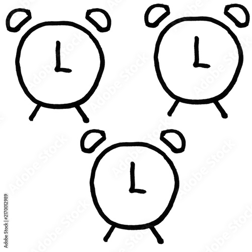 Black and White Hand Drawn Alarm Clock Doodle, Three Minimalist Cartoon Clocks with Bells Sketch Vector