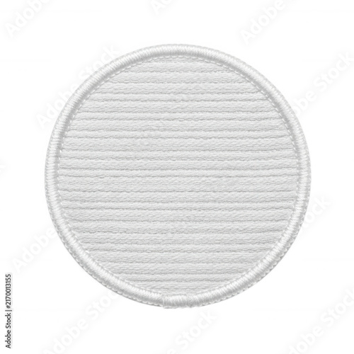 Circular white fabric embroidered patch with ribbed texture isolated on transparent background for apparel design