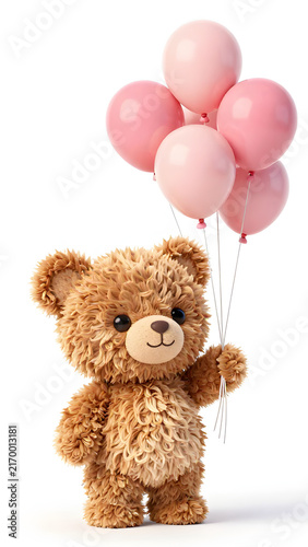 Fluffy Brown Teddy Bear Holding Pink Balloons in Soft Studio Lighting
