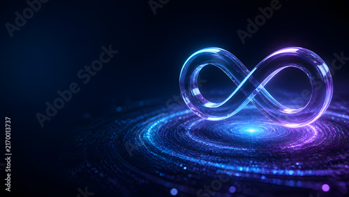 Infinity symbol glass loop glowing blue purple light swirl particle background technology innovation eternity endless growth digital