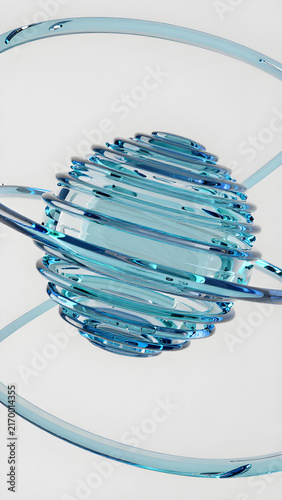 High-end modern abstract geometric design element featuring a dynamic 3D sphere with transparent blue liquid glass lines and circular rings.