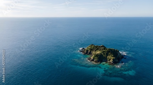 Aerial drone view of secluded rocky island surrounded by turquoise ocean waves and clear skies