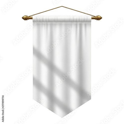 White fabric pennant banner with golden rod and decorative finials isolated on a transparent background for branding