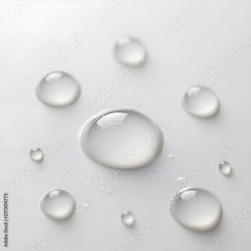 A collection of crystal clear transparent water droplets with tiny liquid splashes on a white surface, showcasing an extreme macro view of fresh condensation and sparkling refractions.