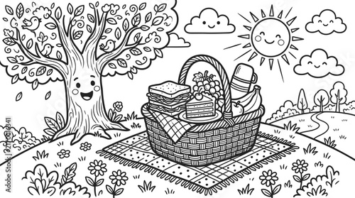 A picnic basket filled with delicious food sits under a happy tree in this vector line illustration