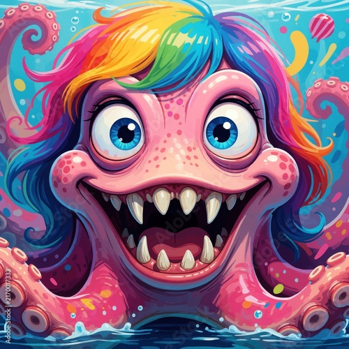 Funny pink octopus with colorful hair, big blue eyes swims in ocean. Cartoon sea creature wide smile with white teeth. Vibrant underwater illustration with bright rainbow colors, bubbles for kids