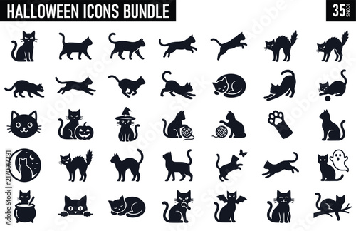Halloween Black Cat and Bat Icon Set Vector Illustration for Spooky Season Designs