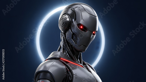 Dark robot with glowing red eyes stands menacingly before a bright halo ring backdrop scene artwork