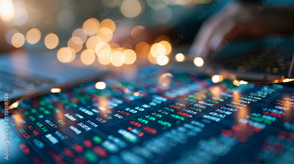 Obraz premium Close up bright digital stock market ticker board showing various stock symbols with green and red percentage changes and volume data columns clean modern high resolution screen crisp
