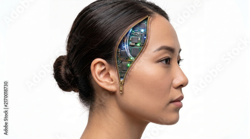 woman head with zipper opening revealing microchips and circuits, symbolizing artificial intelligence, human technology integration and cyborg evolution isolated on white background