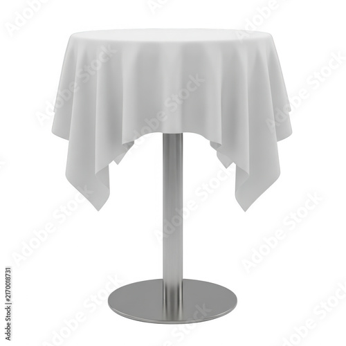 Round cocktail table with draped white tablecloth isolated on transparent background for event planning and rendering