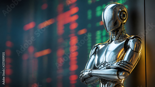Chrome robot with arms crossed standing before glowing digital stock market data display screen wall background