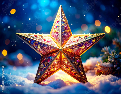 estrella de navidad iluminada con luces de colores en la calle con nieve