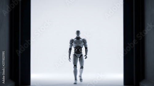 Robot walks forward through dark doorway frame with bright white backlit glowing background and symmetry