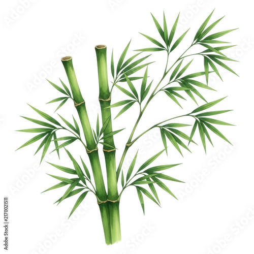 Beautiful watercolor illustration of bamboo stalks with green leaves isolated on transparent background for design