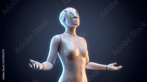 Humanoid robot with closed eyes and open arms wears glowing rainbow visor in meditative pose