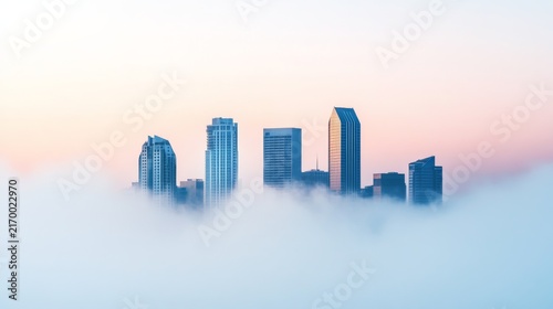 Rose Twilight Across a Minimal White Horizon: Urban Skyline Background With Misty Morning Atmosphere Soft L â€“ Skyline Study 3