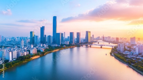 Rose Twilight Across the Calm Waterfront: Aerial Urban Skyline Background With River Bridges High Rises â€“ Skyline Study 3