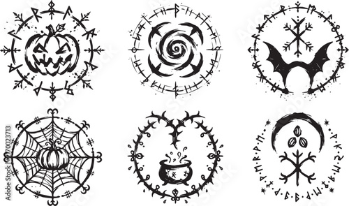 Obraz na plátne Occult Halloween rune symbols set, mystical pagan icons with pumpkin and cauldro