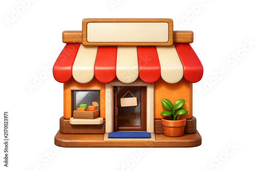 Stylized storefront with red and cream striped awning