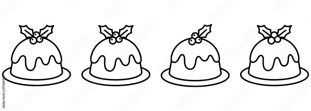 Obraz premium A row of four hand drawn christmas pudding icons with holly leaves isolated on a white background