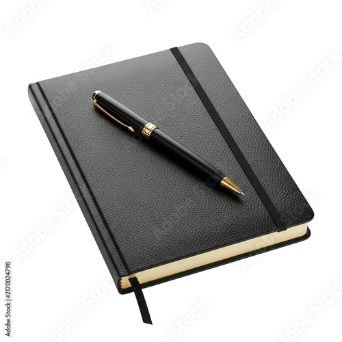 Black leather bound notebook with a matching premium ballpoint pen resting on top isolated on a transparent background