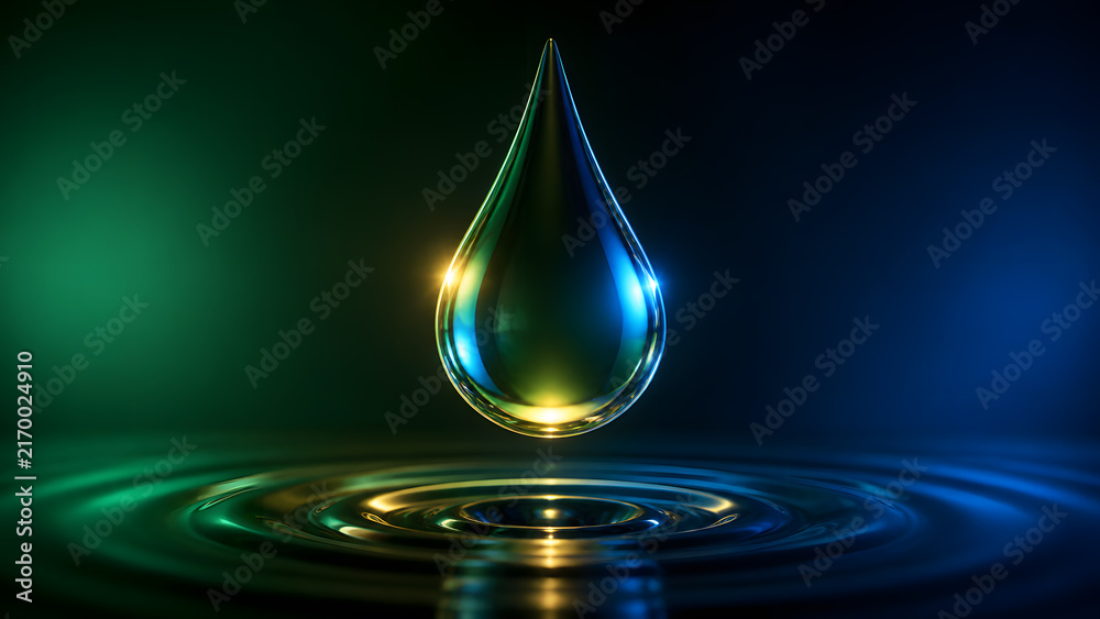 Fototapeta premium Green blue glowing water droplet falling with golden light accent on dark abstract background design