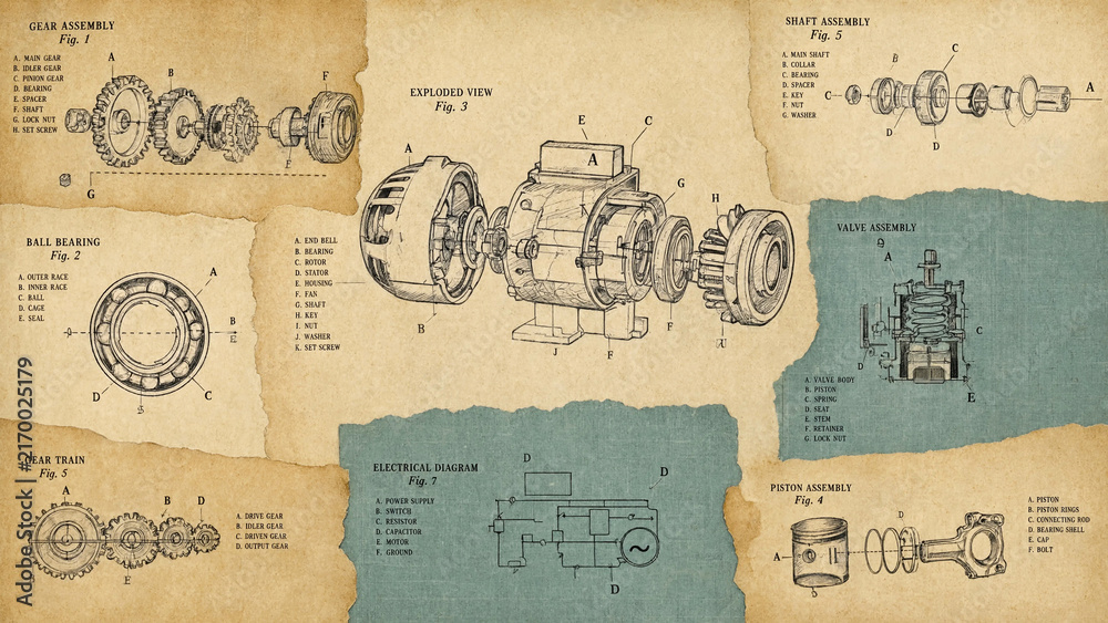 Obraz premium Vintage mechanical engineering blueprints with technical machine schematics on aged paper