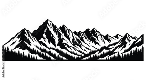 Mountain range silhouette illustration features a detailed black and white landscape
