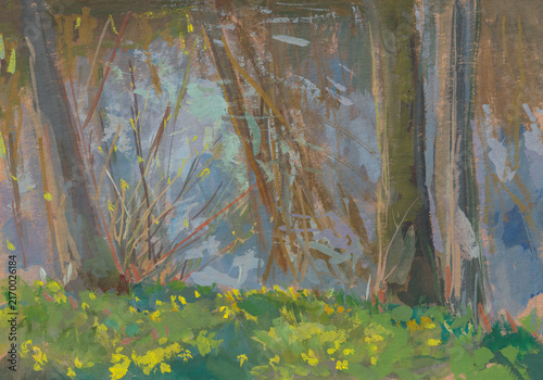 Canvastavla Yellow flowers a clearing water tempera painting