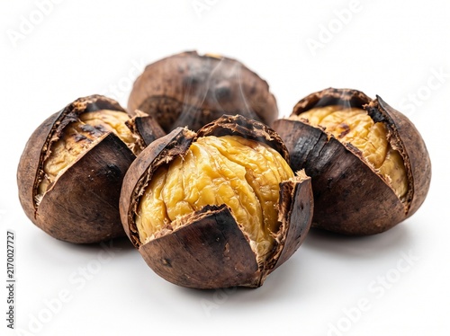 Freshly Roasted Chestnuts Isolated on White Background with Subtle Steam