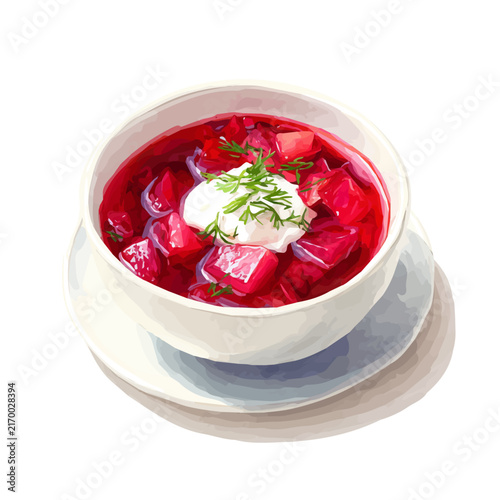 Detailed watercolor painting of Borscht, isolated on white background