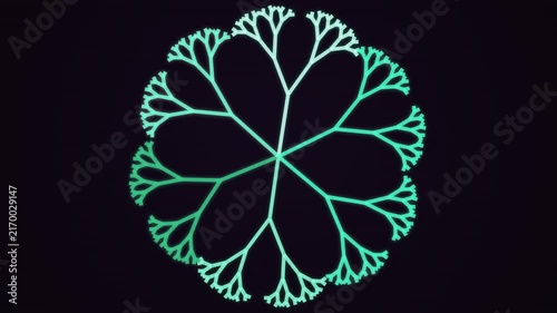 Glowing cyan fractal tree animation growing on a dark black background