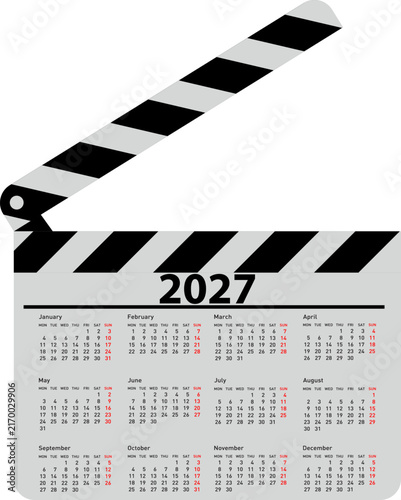 2027 calendar with movie clapperboard on white background